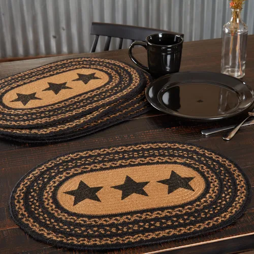 Vista 2 de VHC Brands Farmhouse Star - Juego de 6 manteles individuales ovalados con plantilla de yute texturizado primitivo, 12 x 18 pulgadas, color negro