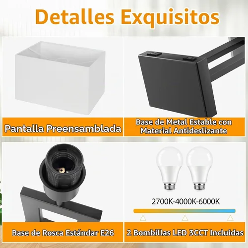 Vista 6 de Kondras Juego de 2 lámparas de mesa para dormitorios, 3 temperaturas de color, control táctil, lámparas de noche con 2 puertos USB y salida de CA