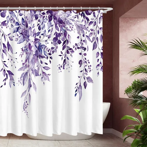Vista 28 de Tititex - Juego de cortinas de ducha de eucalipto negro, hojas de acuarela gris en la parte superior, con decoración floral de baño, 60 x 72