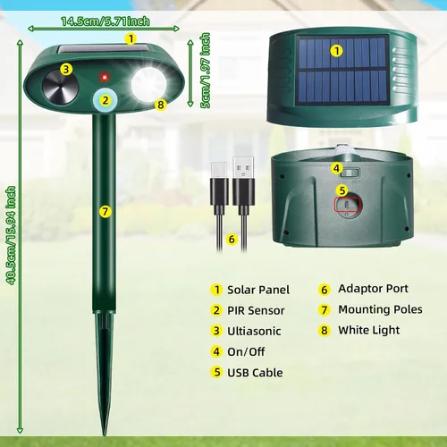 Vista 9 de Sonic Fortress Pro - Dispositivos repelentes de ciervos con carga USB, repelente solar ultrasónico de animales con sensor de movimiento y luz