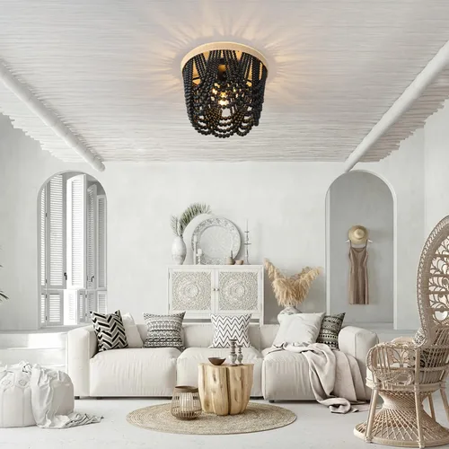 Vista 4 de RyalQ - Lámpara de techo con cuentas de madera negra de 3 luces, candelabro rústico bohemio pequeño, lámpara de techo de decoración vintage