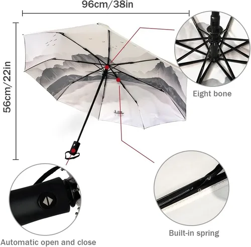 Vista 5 de WSSBK Paraguas automático de color marrón degradado para lluvia y sol, hombre y mujer, sombrilla plegable con estampado de atardecer