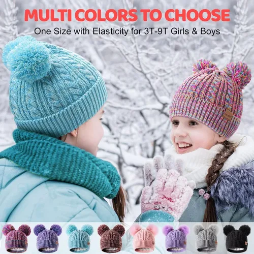 Vista 6 de Winter Hat for Kids Toddler Children, Girls Beanie with Double Pom Pom Warm Fleece Lined, Girls Accessories Knit Beanies Cap