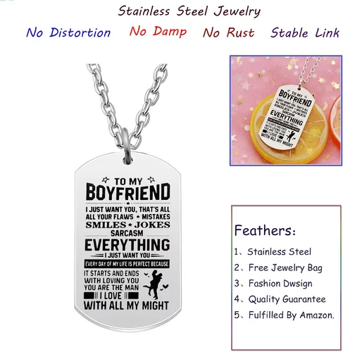 Vista 2 de AGR8T Collar con colgante para el día de San Valentín, regalos de novios de novia - To My Boyfriend Everything I Just Want You, Acero inoxidable
