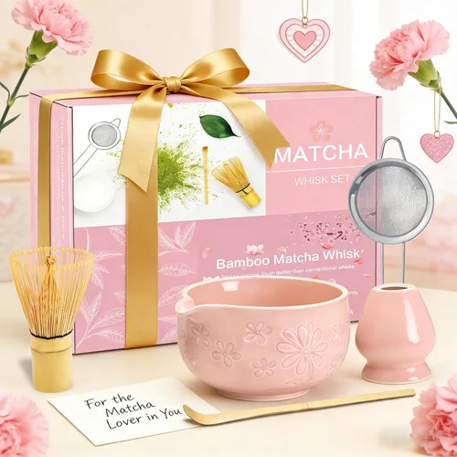 Vista 7 de Juego de batidor de matcha, kit de fabricación de matcha de cerámica rosa con batidor tradicional de bambú, cuenco matcha, cuchara, tamiz y soporte