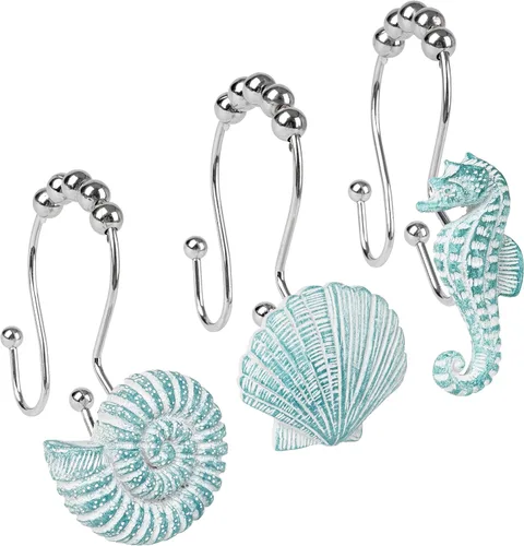 Vista 10 de Sunlit - 12 piezas de ganchos para cortina de ducha azul agua resina, diseño costero de criaturas oceánicas, decoración náutica para baño