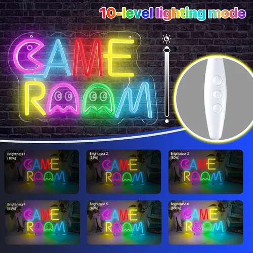 Vista 4 de Letrero LED de neón retro para sala de juegos, Pac Man y fantasmas, decoración de fantasma retro con USB/interruptor de luz de neón para sala