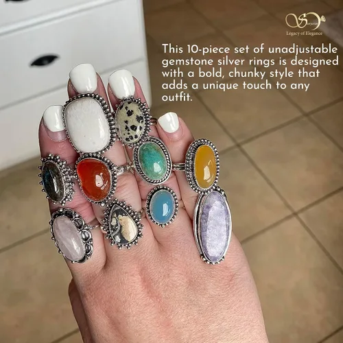Vista 5 de Juego de 10 anillos apilables hechos a mano con piedras preciosas para mujer, chapados en plata, estilo bohemio, paquete de regalo de joyería gótica