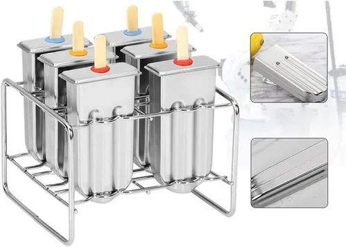 Vista 4 de Molde de paletas de hielo de acero inoxidable, molde de helado con base de soporte de palo de acero inoxidable, molde para congelador, juego de 6