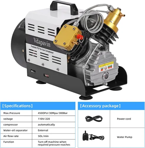 Vista 5 de Compresor de aire PCP, 4500 PSI/30 MPa, apagado automático, 110 V AC/220 V CA, compresor de doble cilindro PCP, adecuado para rifles de aire PCP