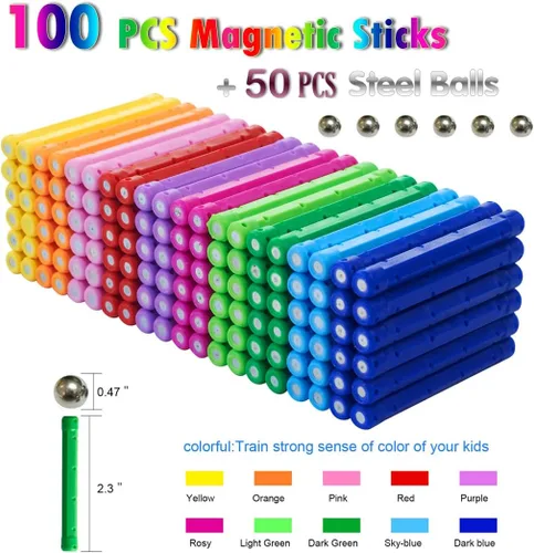 Vista 2 de Juego de 150 palos de construcción magnéticos, juguetes educativos magnéticos de 2.3 pulgadas de longitud para niños y adultos, juguete