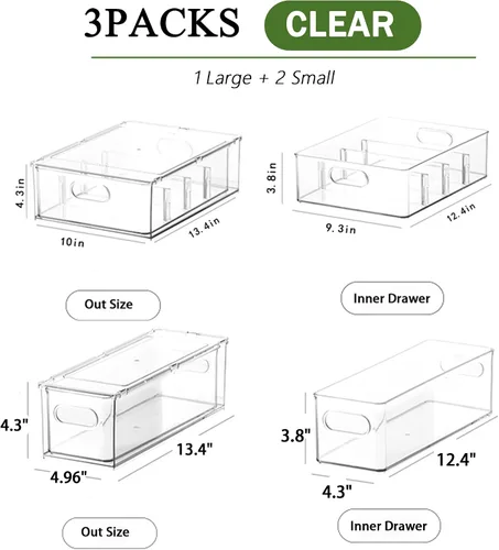 Vista 4 de bealy Paquete de 3 organizadores y almacenamiento para refrigerador, contenedores transparentes con cajón extraíble, cajones para refrigerador