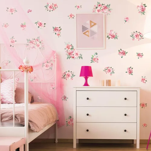 Vista 4 de Calcomanías de pared de flores rosas y hojas verdes, calcomanías de pared extraíbles para jardín para dormitorio y sala de estar