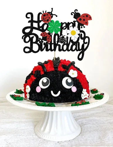 Vista 5 de Decoración para tartas de mariquitas, decoración de feliz cumpleaños para niños y niñas, mariquita con purpurina, trébol de margaritas, suministros