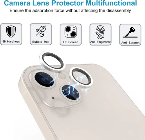 Vista 2 de [Púrpura] Cubierta completa de metal + protector de lente de cámara de vidrio templado para iPhone 14/14 Plus, funda de pantalla de lente de cámara