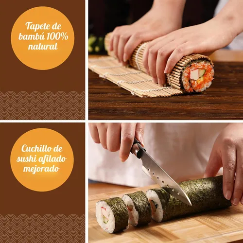 Vista 7 de Delamu Kit de fabricación de sushi, kit de rodillo de bazooker 22 en 1 con alfombrillas de bambú, cuchillo de chef, molde de arroz para sushi