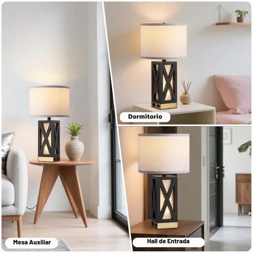 Vista 7 de Lámpara de mesa de madera con 3 temperaturas de color, lámpara de mesa de noche con salida de CA, puerto de carga USB A y C, lámpara de noche
