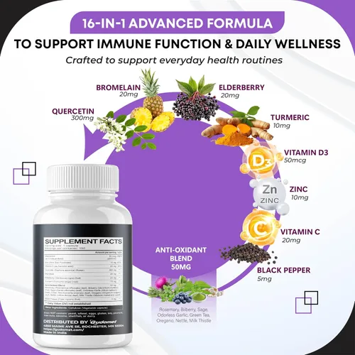 Vista 4 de Quercetina Bromelina Zinc Vitamina D3 Saúco Cúrcuma Romero Arándano Salvia Inodoro Ajo Té Verde Cardo Lechoso Orégano -150 Cápsulas