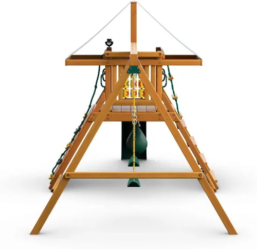 Vista 9 de Gorilla Playsets 01-1059-AP Juego de columpios de madera de punto alto con toldo de vinilo verde, dos columpios, pared de escalada en roca, tobogán