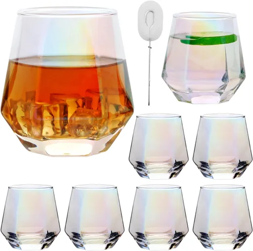 Vista 10 de Juego de 4 copas de vino, sin tallo, transparentes de 10 onzas, copas de vidrio geométricas con forma de diamante, hermosas copas de vino sin tallo