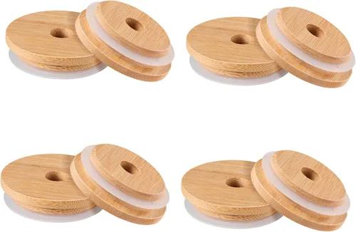 Vista 9 de Hemoton 8 tapas para tarros con anillo de sellado, tapas reutilizables de bambú para frascos, para latas de boca ancha, 2.47 pulgadas
