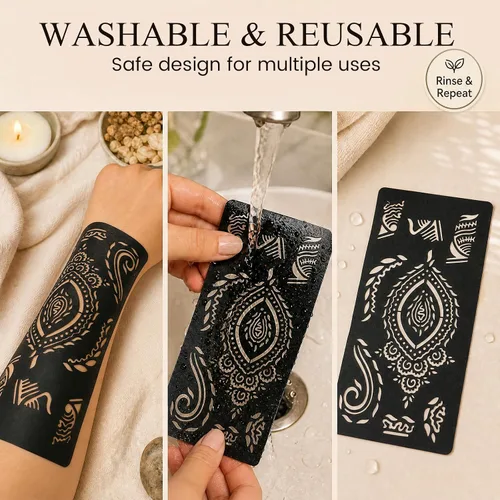 Vista 7 de Koogel Kit de plantillas de tatuaje de henna de 18 hojas, 97 plantillas de tatuaje con brillantina temporal para pintura facial y arte corporal
