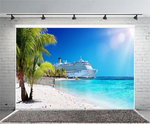 Vista 4 de Telón de fondo de fotografía del mar caribeño de 7 x 5 pies, telón de fondo de playa de palmera coral playa decoración de fiesta de crucero