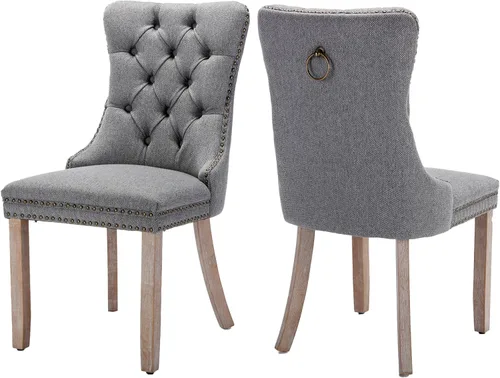 Vista 13 de Juego de 2 sillas de comedor de terciopelo, silla de comedor tapizada de alta gama con tirador de anillo en la espalda, adorno de clavos y patas