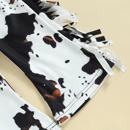 Vista 6 de Conjunto de sudadera vaquera occidental para niña pequeña, pantalones acampanados de vaca, ropa de otoño