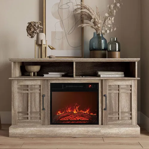 Vista 2 de BELLEZE Mueble TV, 48 pulgadas, con chimenea eléctrica funcional de 18 pulgadas, moderno, para TV de máx. 50 pulgadas, estantes abiertos y armarios