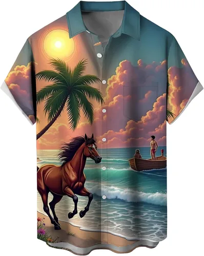 Vista 41 de Camisas tropicales con botones para hombre, camisas hawaianas de manga corta, casuales para vacaciones, camisas de playa holgadas Beige-playa escena