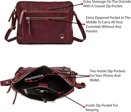 Vista 3 de Bolso cruzados pequeño y cartera de cuero auténtico granulado suave, bolso de hombro cruzado tipo bandolera de calidad prémium y triple cremallera