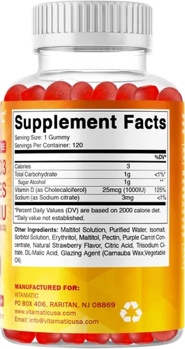 Vista 7 de Vitamatic Gomitas de Vitamina D3 sin Azúcar - 120 Gomitas a Base de Pectina - Gran Sabor - Huesos Saludables, Estado de Ánimo y Función del Sistema