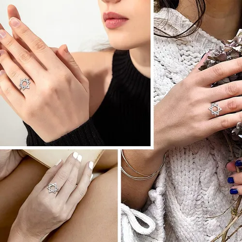 Vista 2 de Jewmon Anillo ajustable de estrella de David judía para mujer, plata de ley 925, circonita cúbica, estrella de David, anillo judío abierto, amuleto