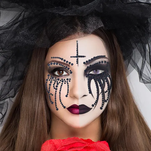 Vista 2 de Paquete de 2 calcomanías de cara de Halloween, gemas de payaso, maquillaje de monja, tatuaje de cara temporal de diamantes de imitación