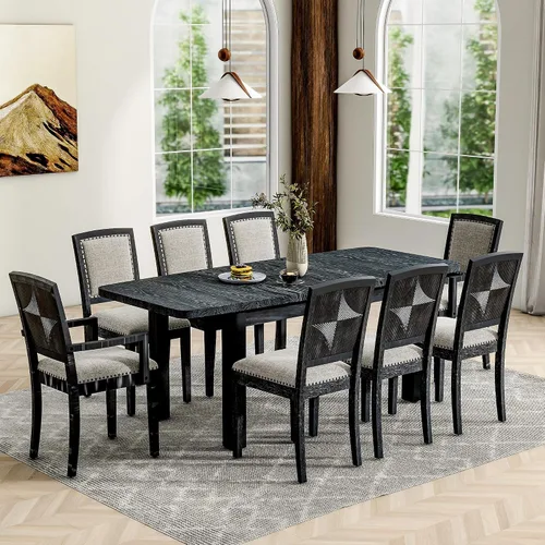 Vista 16 de Juego de comedor retro de 6 piezas, mesa rectangular de madera y 4 sillas con banco para cocina y comedor, color gris cola de milano Cola de milano