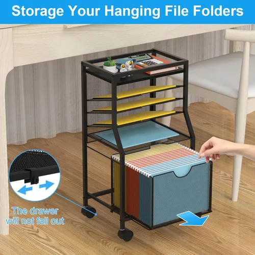 Vista 4 de BOHDK Carrito de archivos rodante, organizador de archivos de escritorio de 6 niveles con ruedas con cerradura, tablones de madera negra y cajón