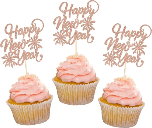 Vista 13 de 1 paquete de decoración para tartas con purpurina de fuegos artificiales para 2026 Año Nuevo 2026, decoración para pasteles de bienvenida 2026