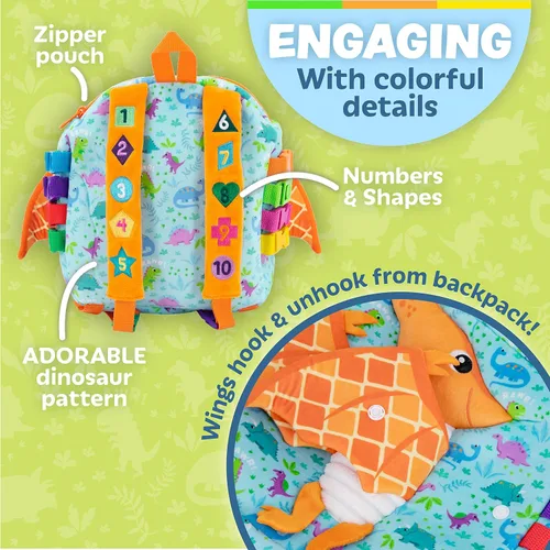 Vista 4 de Buckle Toys Breezy Pterodáctil - Mochila para niños pequeños con hebillas y actividades de aprendizaje para niños pequeños y juguetes sensoriales