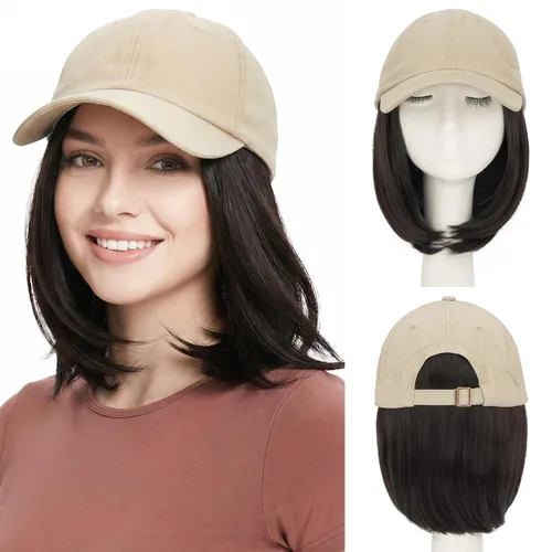 Vista 18 de SEGO - Gorra de béisbol con extensiones de cabello para mujer, resistente al calor, sintético, 6 pulgadas, ajustable, corta, recta, peluca