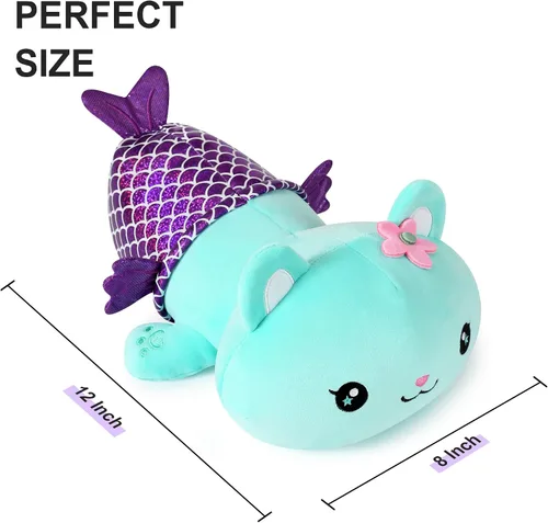Vista 4 de Onsoyours Lindo gatito sirena de peluche de gatito, suave almohada de felpa de gato sirena para niños (sirena de gato azul, 12 pulgadas)