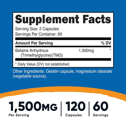 Vista 2 de Nutricost Betaína anhidra Caps 1500mg, 60 porciones por botella (2 botellas)