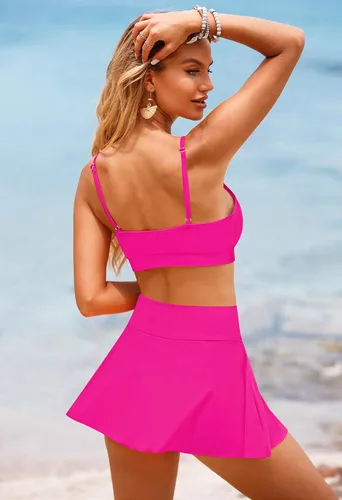 Vista 7 de Pink Queen Conjunto de bikini de cintura alta para mujer, traje de baño de dos piezas, cuello redondo, tirantes delgados, falda de natación