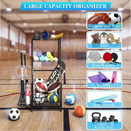 Vista 3 de Organizador de garaje para equipos deportivos, estante de almacenamiento de pelotas de garaje para deportes con ruedas, organizador deportivo