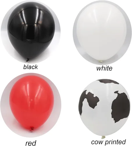 Vista 4 de Kit de arco de globos de vaquero, 150 globos con estampado de vaca, color rojo, negro, blanco y vaca, para decoración de fiesta de cumpleaños