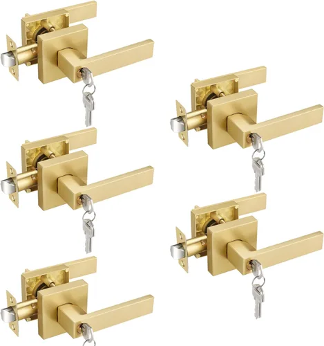 Vista 14 de EHOMEWARE - Juego de manijas de puerta delantera doble de latón, manija de puerta de latón cuadrado resistente en oro y cerradura de un solo