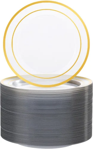 Vista 10 de BESTVIP 50 platos de plástico dorado transparente de 7 pulgadas, platos desechables para ensalada y postre con borde dorado para Navidad, Acción