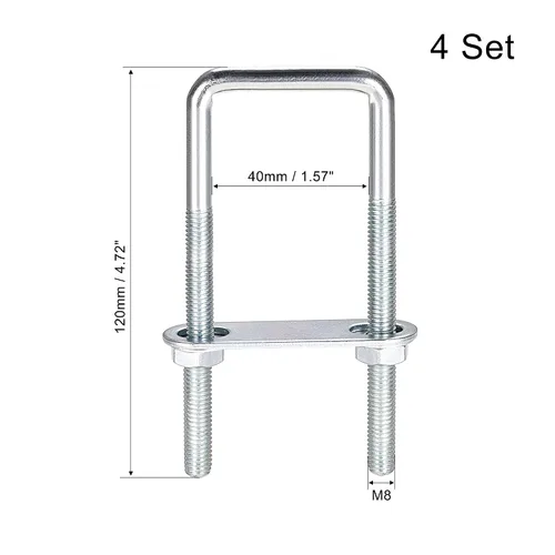 Vista 21 de uxcell Pernos cuadrados en U de 1 "(25 mm) de ancho interior de acero al carbono M8 con tuercas, placa de marco, arandelas redondas, juego de 4
