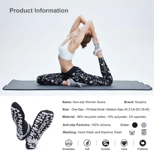 Vista 7 de Muezna Calcetines de yoga antideslizantes para mujer, antideslizantes, para pilates, barras, calcetines de hospital con agarres, talla 5-10