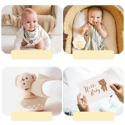 Vista 6 de iAOVUEBY Juego de regalo para bebé, regalos de baby shower para niñas y niños, cesta de regalo de oso para bebé, incluye manta de sonajero